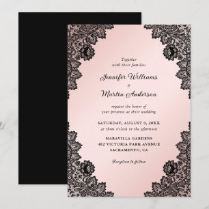 Invitación Elegante Boda de encaje floral negro y rosa Rubor