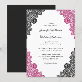 Invitación Elegante Boda de encaje floral rosa caliente y neg