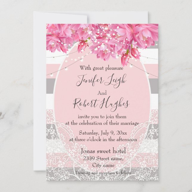Invitación Elegante Boda de encaje floral rosa y gris (Anverso)