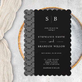 Invitación Elegante Boda de encaje monograma blanco y negro
