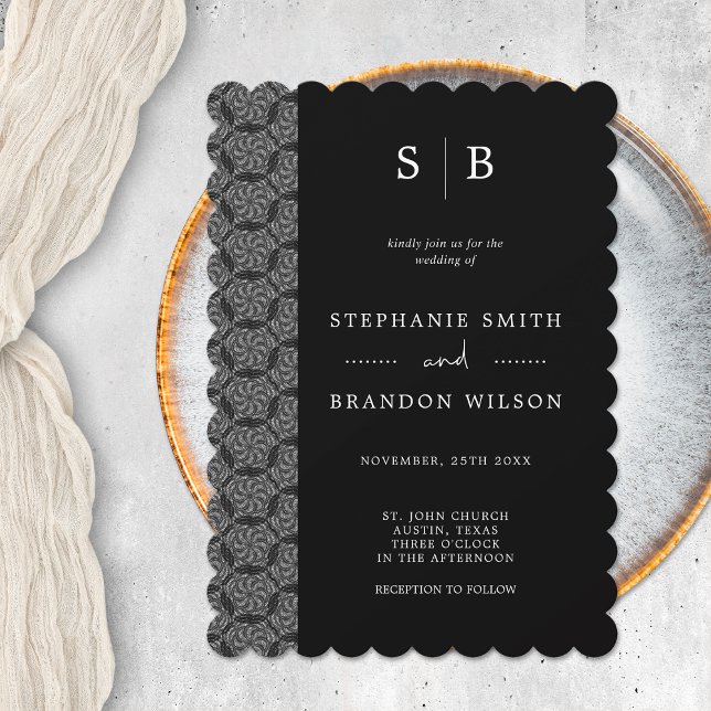 Invitación Elegante Boda de encaje monograma blanco y negro (Subido por el creador)