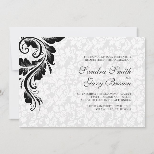 Invitación Elegante Boda de encaje negro de damascos blancos (Anverso)
