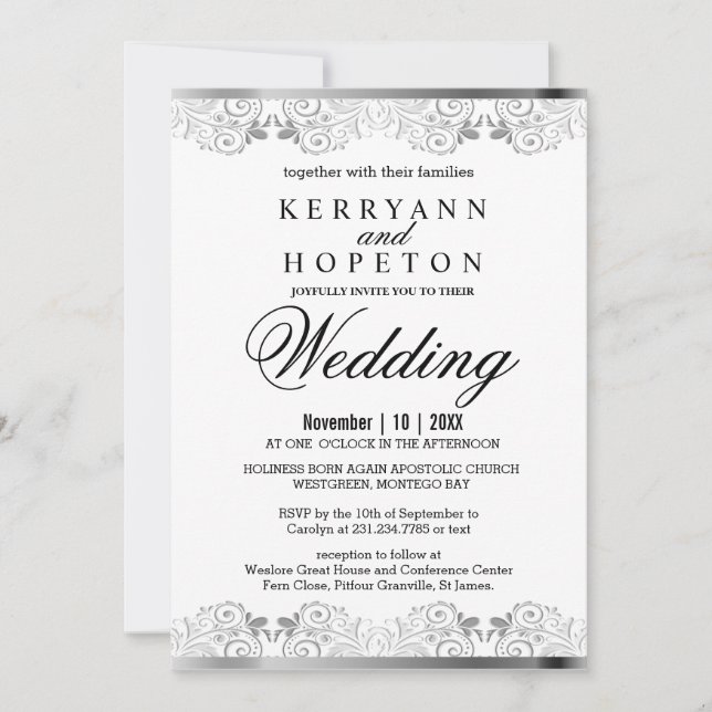 Invitación Elegante Boda de encaje plateado  (Anverso)