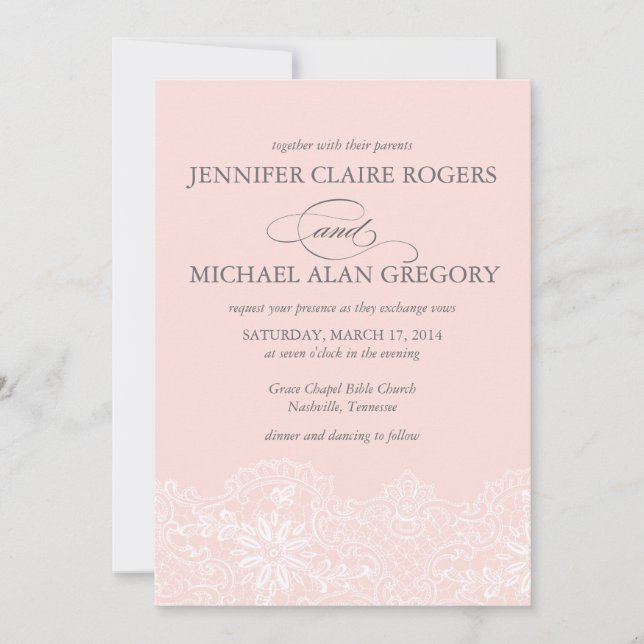 Invitación Elegante Boda de encaje rosa de Rubor (Anverso)