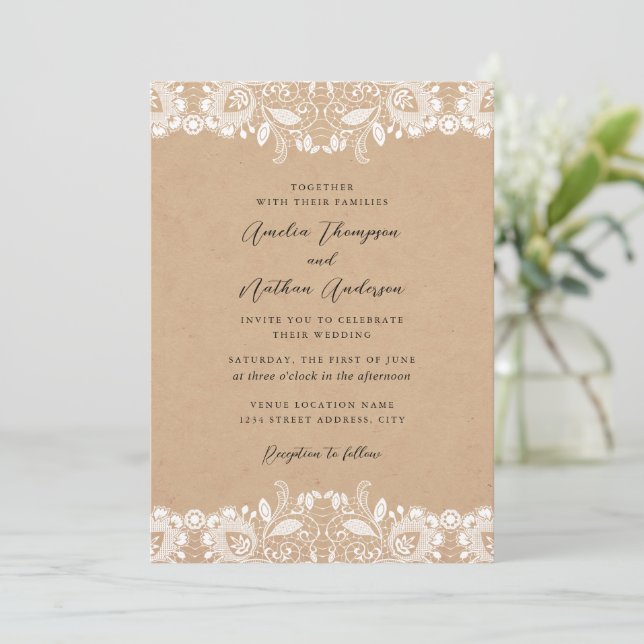 Invitación Elegante Boda de Encaje Rústico (Anverso de pie)