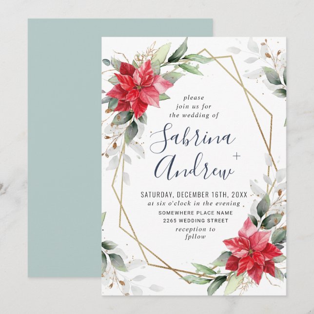 Invitación Elegante Boda de Energía de Invierno de Poinsettia (Anverso / Reverso)