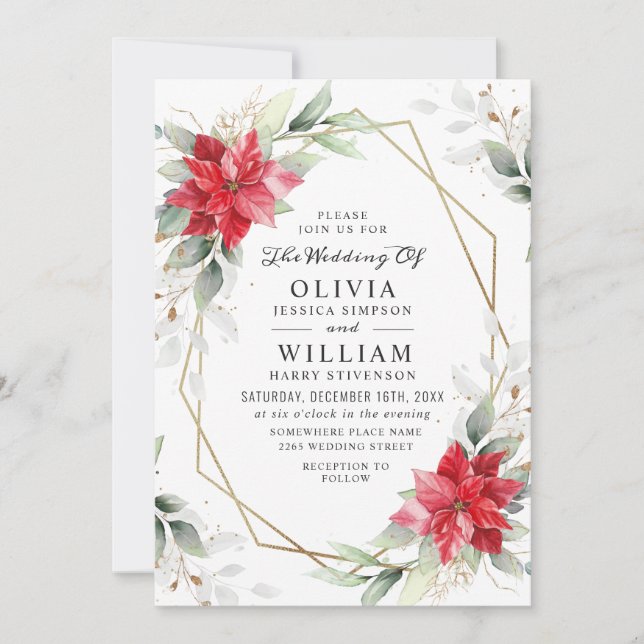 Invitación Elegante Boda de Energía de Invierno de Poinsettia (Anverso)