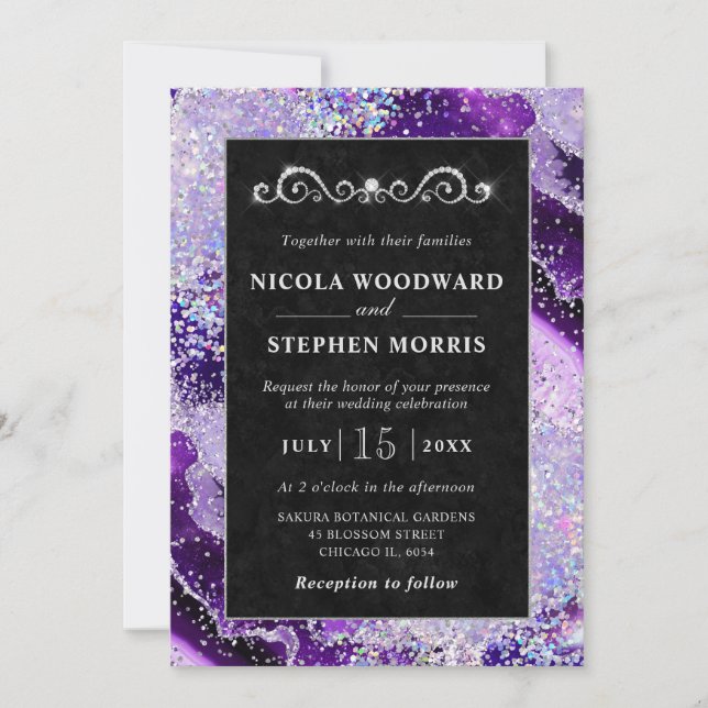 Invitación Elegante Boda de Envejecimiento Purple y Plateado  (Anverso)
