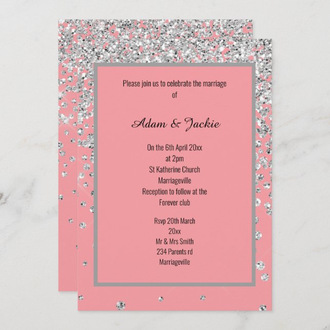 INVITACIÓN ELEGANTE BODA DE ESCALADO DE PLATA ROSA DE PINTURA (Anverso / Reverso)