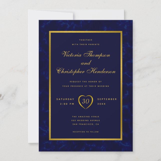 Invitación Elegante Boda de escritura azul y dorada de la Mar (Anverso)