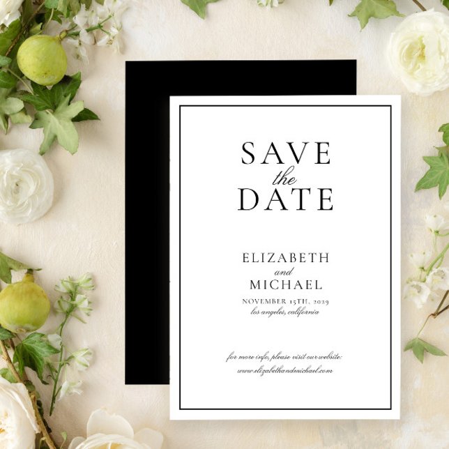 Invitación Elegante boda de escritura blanca y negra salva la (Discover our classic, elegant wedding save the date —plus matching invites, RSVP cards, and more!)