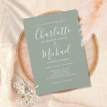 Invitación Elegante Boda de escritura de firma moderna<br><div class="desc">Diseñado para coordinar con nuestra colección boda Signature. Con nombres de estilo característico,  esta elegante invitación a la boda de sabios plateados se puede personalizar con su información en letras blancas de moda. Puede personalizar del color de fondo para que coincida con el tema boda. Diseñado por Thisisnotme©</div>