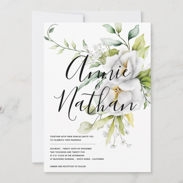 Invitación Elegante Boda de escritura de hojas verdes florale (Anverso)