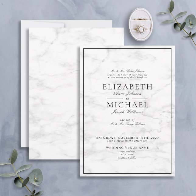 Invitación Elegante Boda de escritura de mármol blanco negro  (Subido por el creador)