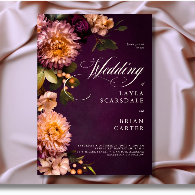 Invitación Elegante Boda de escritura floral borgoñona (Elegant Burgundy Moody Floral Script Wedding Invitation)