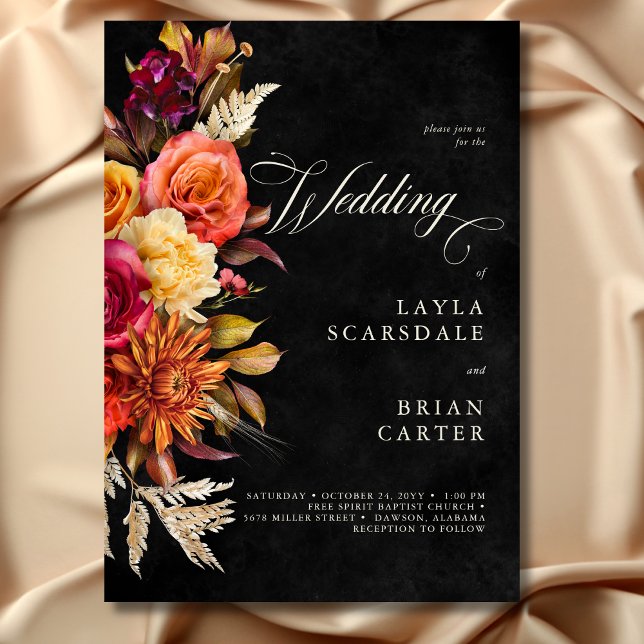 Invitación Elegante Boda de escritura floral de Boho negro vi (Elegant Black Vibrant Boho Floral Script Wedding Invitation)