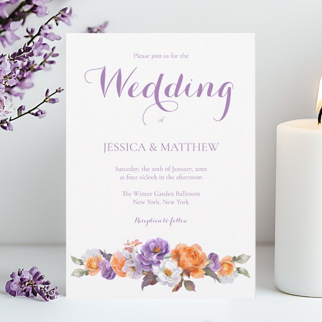 Invitación Elegante Boda de escritura floral de lavanda de co (Elegant Watercolor Lavender Floral Script Wedding Invitation)