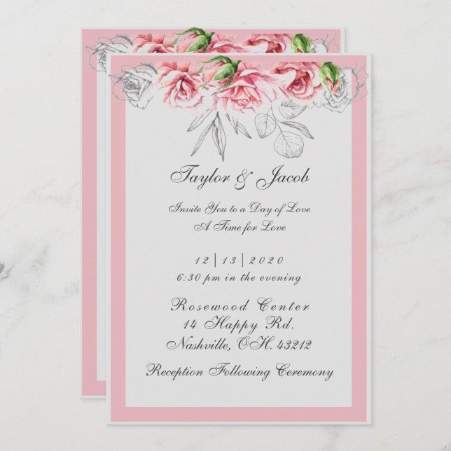 Invitación Elegante Boda de escritura floral rosa y gris (Anverso / Reverso)