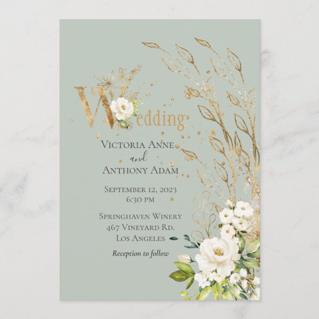 Invitación Elegante Boda de escritura floral rústica verde (Anverso)