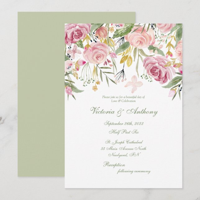 Invitación Elegante Boda de escritura floral verde sabana (Anverso / Reverso)