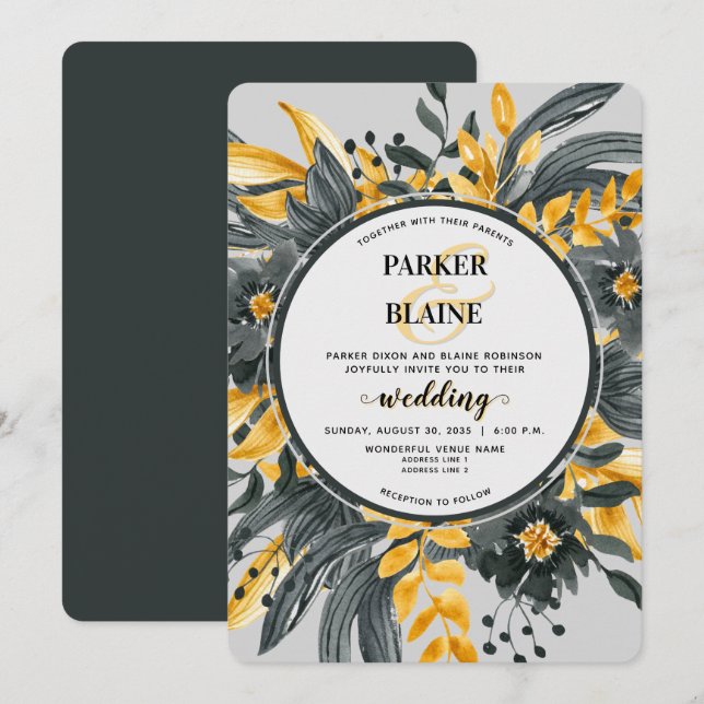 Invitación Elegante Boda de escritura moderna con flores amar (Anverso / Reverso)