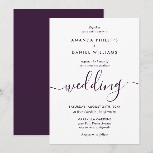 Invitación Elegante Boda de escritura morado moderno simple (Anverso / Reverso)