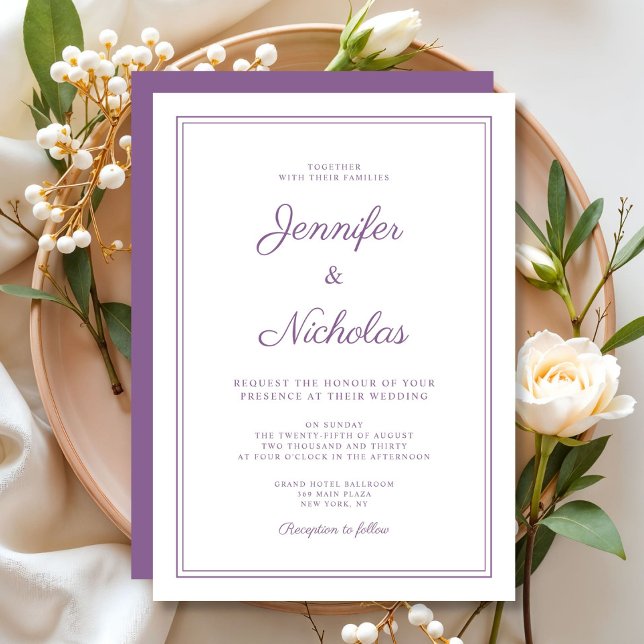 Invitación Elegante Boda de escritura púrpura púrpura de Lila (Elegant Modern Purple Lilac Script Wedding Invitation)