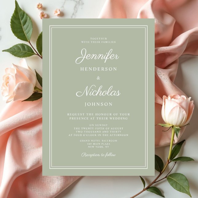 Invitación Elegante Boda de escritura verde sabio moderno (Elegant Modern Sage Green Script Wedding Invitation)
