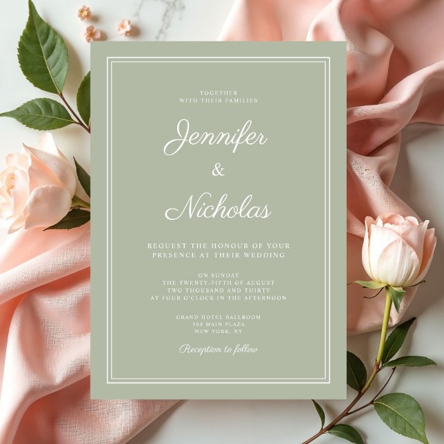 Invitación Elegante Boda de escritura verde sabio moderno (Elegant Modern Sage Green Script Wedding Invitation)