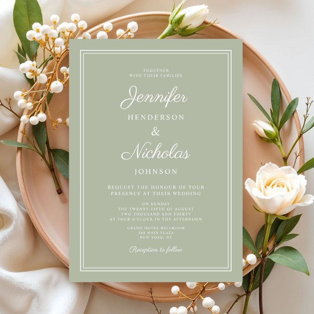 Invitación Elegante Boda de escritura verde sabio moderno (Elegant Modern Sage Green Script Wedding Invitation)