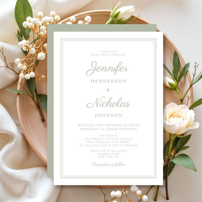 Invitación Elegante Boda de escritura verde sabio moderno (Elegant Modern Sage Green Script Wedding Invitation)