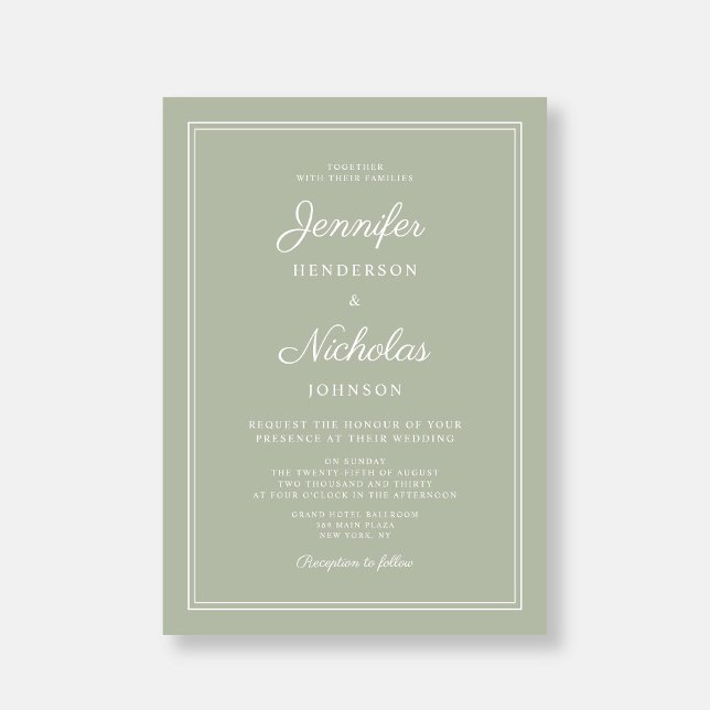 Invitación Elegante Boda de escritura verde sabio moderno (Elegant Modern Sage Green Script Wedding Invitation)