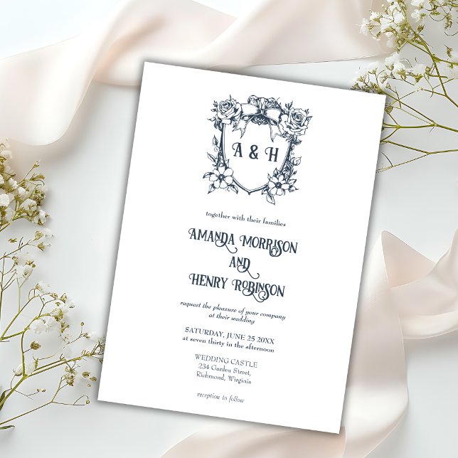 Invitación Elegante Boda de Escudo de Floral y Monograma Vint (Subido por el creador)