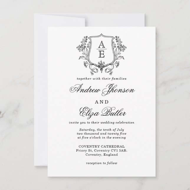 Invitación Elegante Boda de Escudo de hoja de monograma blanc (Anverso)