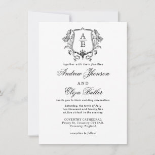 Invitación Elegante Boda de Escudo de hoja de monograma blanc