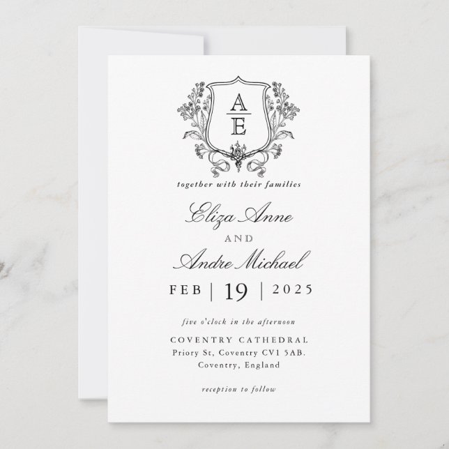 Invitación Elegante Boda de Escudo de hoja de monograma blanc (Anverso)