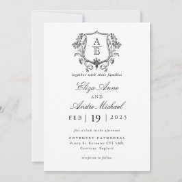 Invitación Elegante Boda de Escudo de hoja de monograma blanc