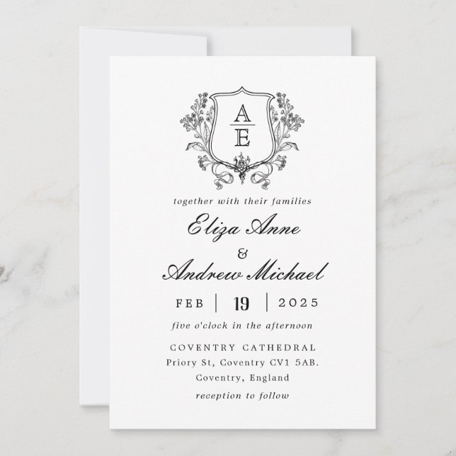 Invitación Elegante Boda de Escudo de hoja de monograma blanc (Anverso)