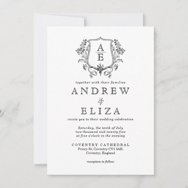 Invitación Elegante Boda de Escudo de hoja de monograma blanc (Anverso)