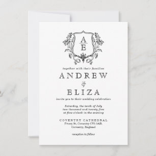 Invitación Elegante Boda de Escudo de hoja de monograma blanc