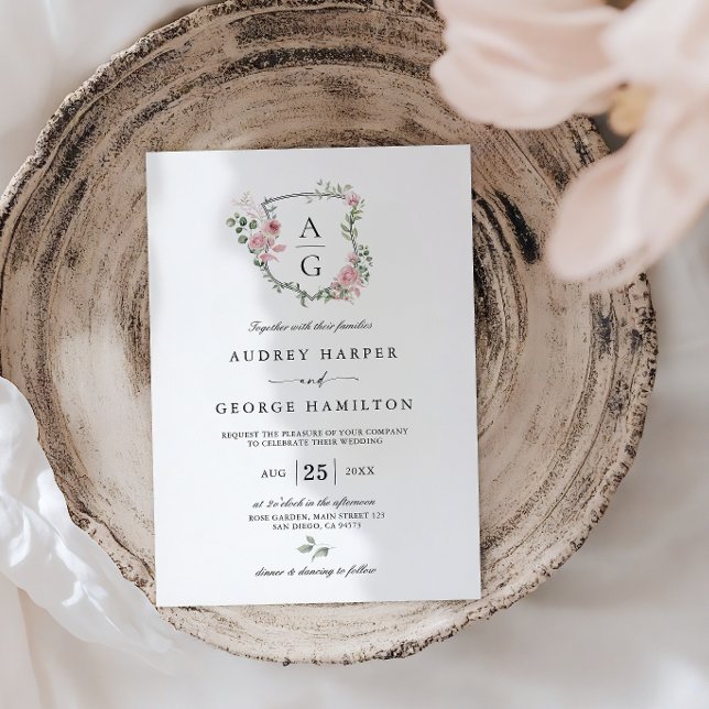 Invitación Elegante Boda de Escudo de Monograma Floral Rosa R (Subido por el creador)