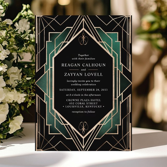 Invitación Elegante boda de esmeralda Art Déco negro y dorado (Subido por el creador)