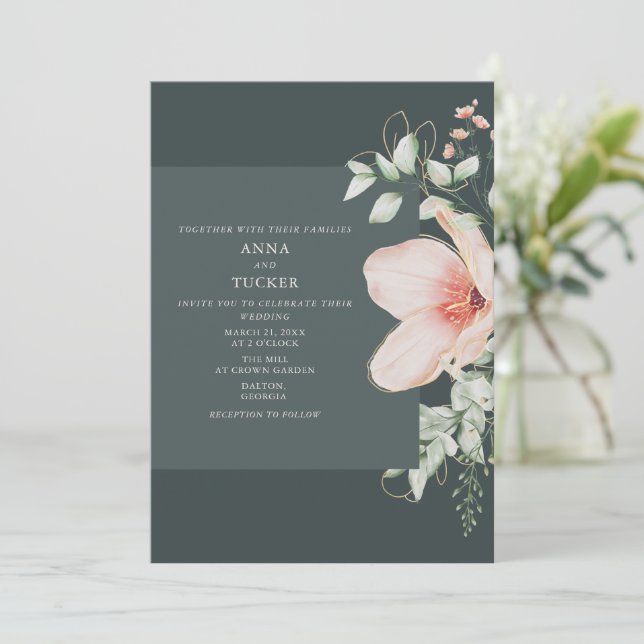 Invitación Elegante Boda de Esmeralda con Floral de Oro (Anverso de pie)