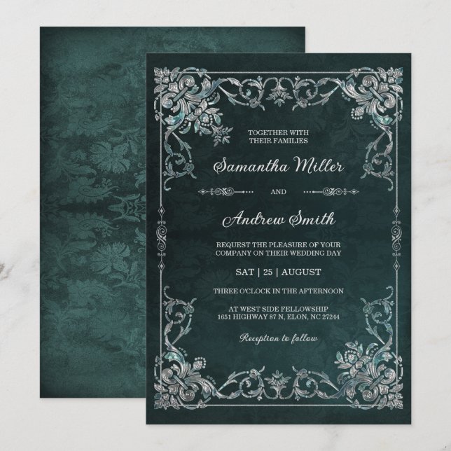 Invitación Elegante Boda de Esmeralda y Diamante (Anverso / Reverso)