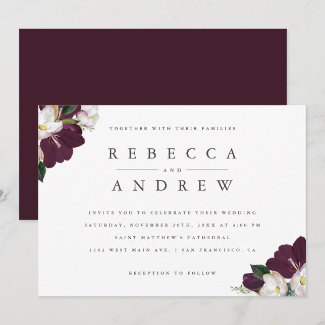 Invitación Elegante Boda de Esquinas Florales de Plum de colo (Anverso / Reverso)