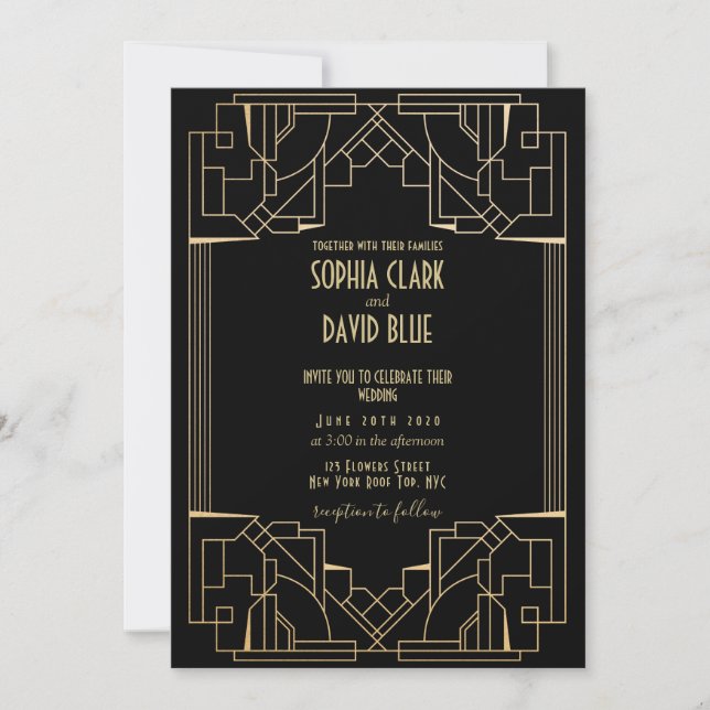 Invitación Elegante Boda de estilo Art Deco de época años 20 (Anverso)