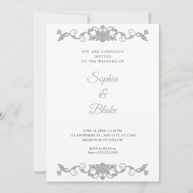 Invitación Elegante Boda de estilo Art Deco floral plateado y (Anverso)