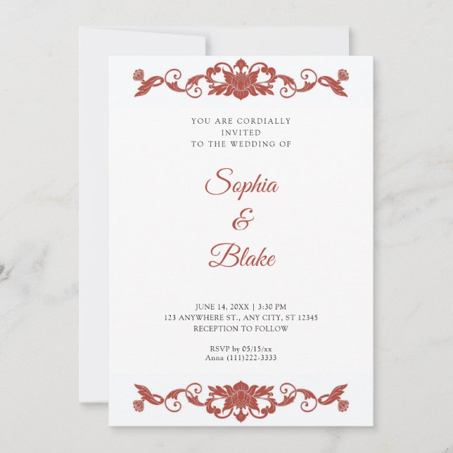 Invitación Elegante Boda de estilo Art Deco floral rojo y bla (Anverso)
