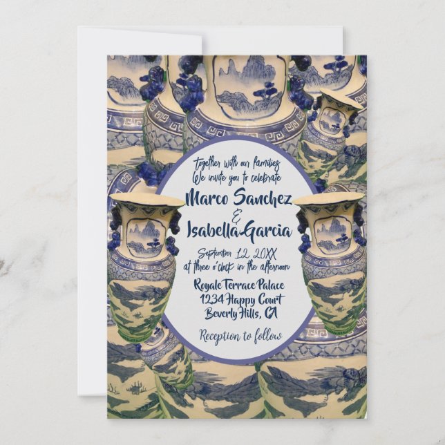 Invitación Elegante boda de estilo chinoiserie azul y blanco (Anverso)