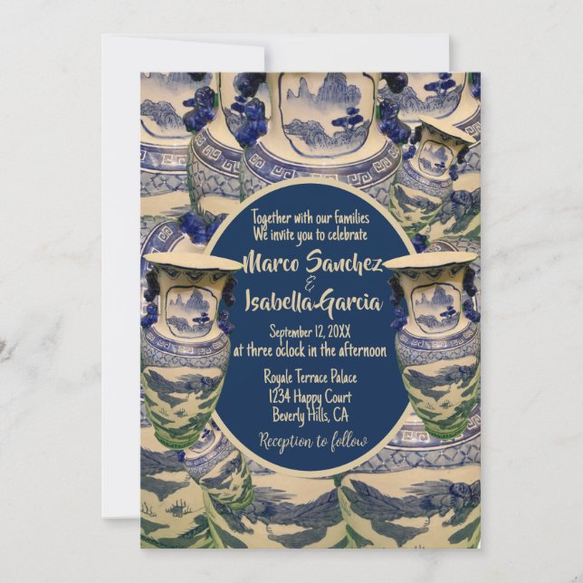 Invitación Elegante boda de estilo chinoiserie azul y blanco (Anverso)